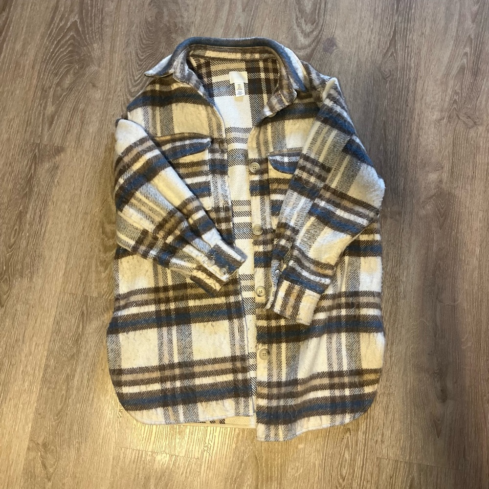 H&M Plaid Shirt Jacket in Cream, Brown, and Blue (Wool and Polyester blend)